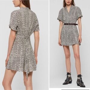 AllSaints Fay Lep Dress Medium Leopard Print Tie Waist Button Front Mini